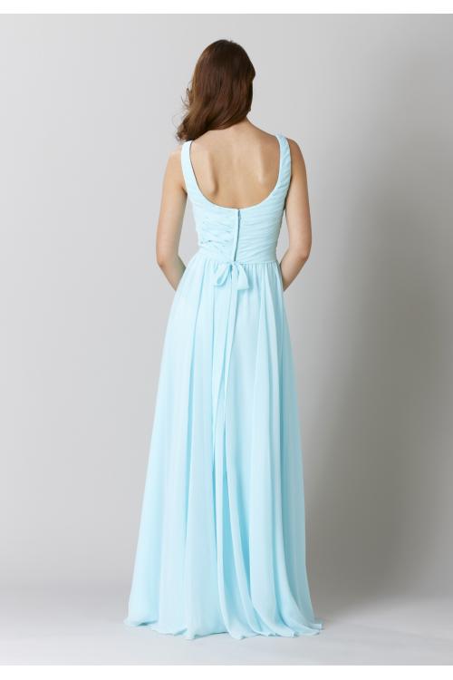 Shoulder Straps Pleated A-line Long Light Blue Chiffon Bridesmaid Dress 