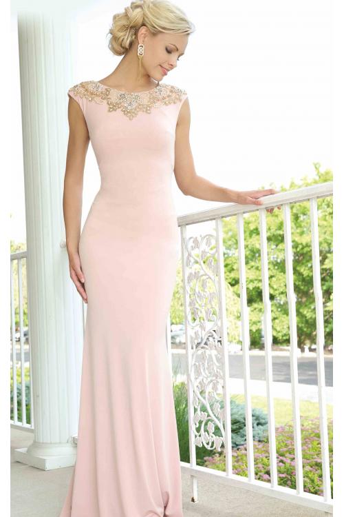 Fashion Bateau Neck Cap Sleeved Sheath Long Jersey Prom Dress with Crystal Embellishments 