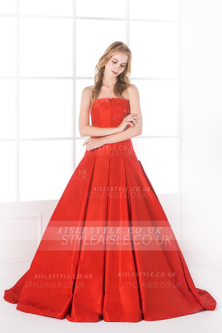 Chic Modern Long Strapless Pleated Orange Taffeta Ball Gown Prom Dress