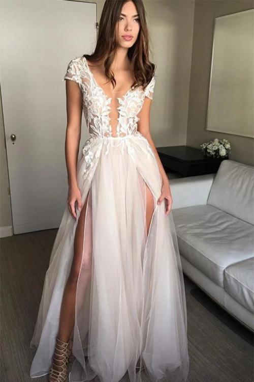 Illusion Neck Cap Sleeve Lace Appliques Backless Split Sweep-Train Long Tulle Prom Dress