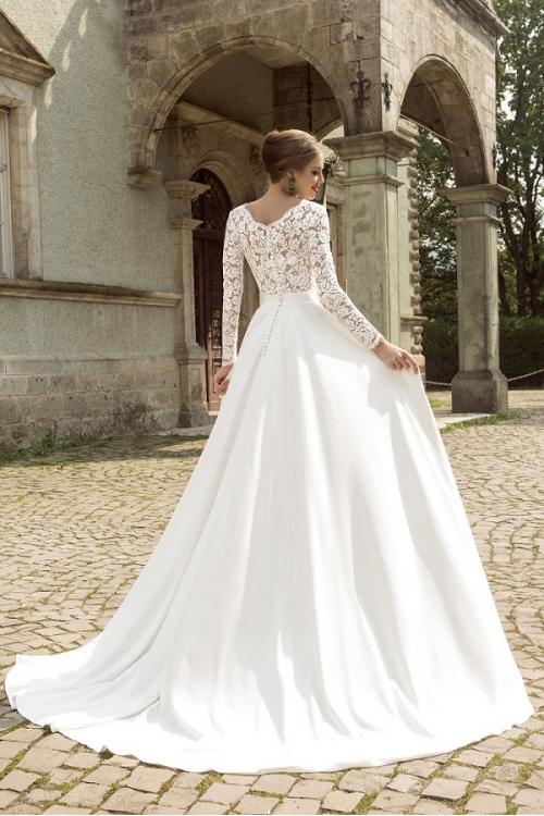 Vintage Modest Long Sleeve A-line Satin Wedding Dress with Crystal Waist 