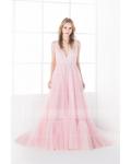 Sparkly Beading V Neck Sleeveless A-line Pink Tulle Prom Dress