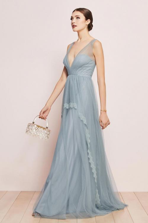  A-line V-neck Sleeveless Lace Floor-length Dusty Blue Long Tulle Prom Dresses