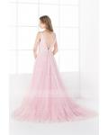 Sparkly Beading V Neck Sleeveless A-line Pink Tulle Prom Dress