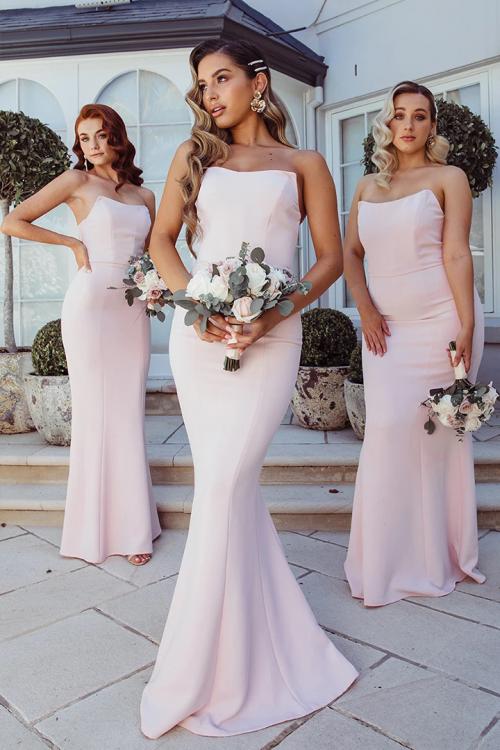 Simple Pale Pink Mermaid Strapless Sleeveless Floor-length Long Satin Bridesmaid Dresses