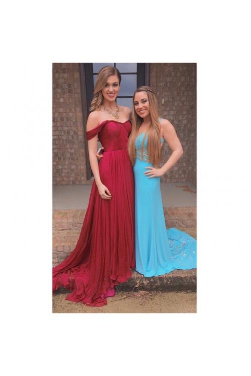 Popular off the Shoulder Pleated Long Ruvy Red Chiffon Prom Dress 