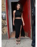 Selena Gomez Sheath/Column Jewel Sleeveless Split Tea-length Short Prom Dress