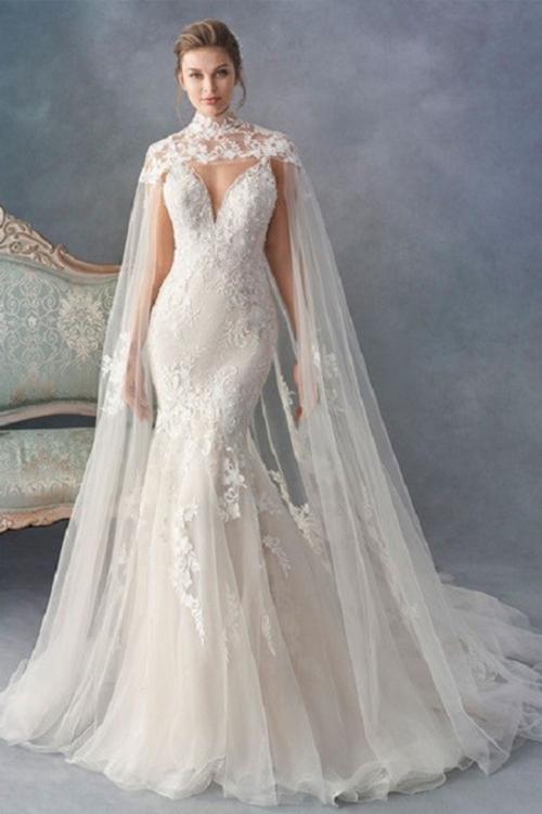 Trumpet/Mermaid Deep V-neck Sleeveless Lace Appliques Court Train Long Tulle Wedding Dresses