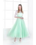 Half Sleeved Lace Bodice A-line Mint Green Tulle Bridesmaid Dress 