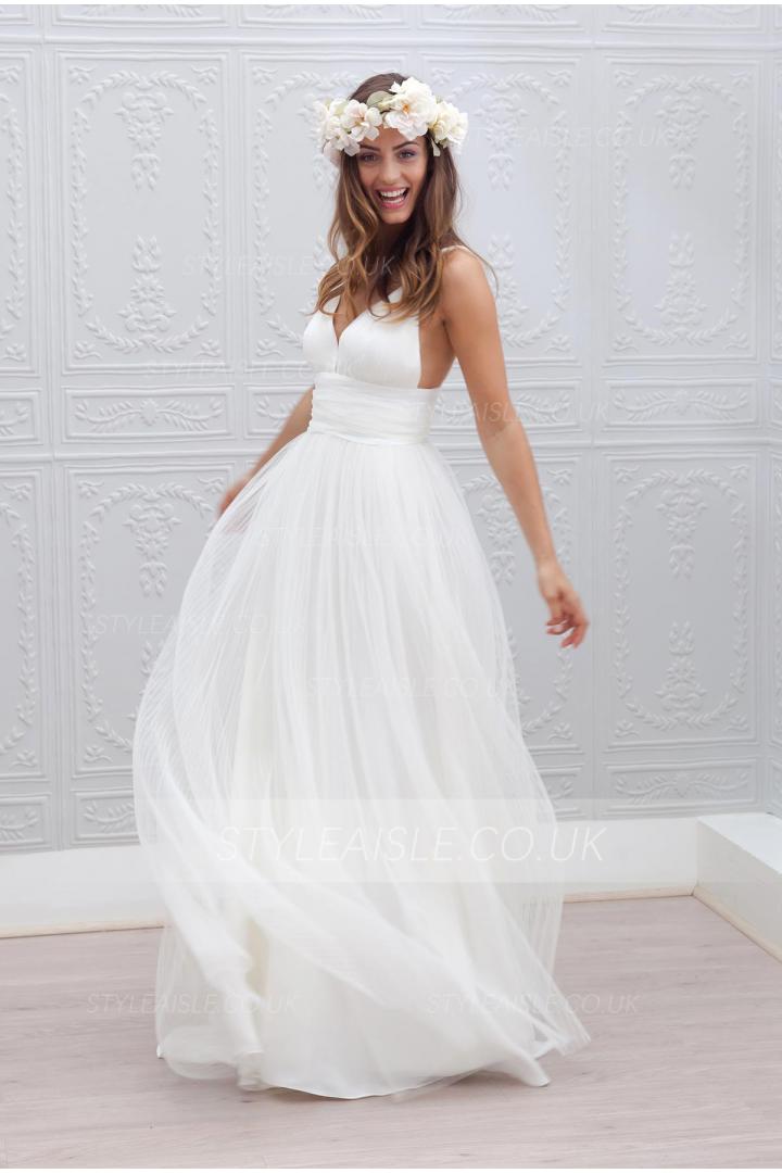 Informal Shoulder Straps Backless Tulle Beach Wedding Dress 