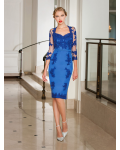 3/4 Sleeve Lace overlay Satin Sweetheart Neckline Knee Length Blue Cocktail Dress 