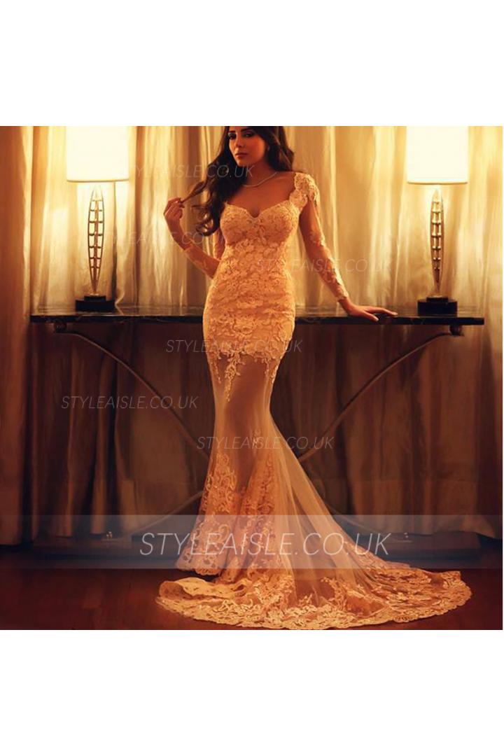 Sexy V Neck Lace Appliques Long Mermaid Lace overlay Champagne Tulle Prom Dress 