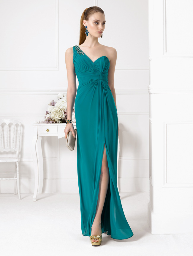Chic One Shoudler Sleeveless Crystal Detailling Split Long Emerald Green Bridesmaid Dress _2