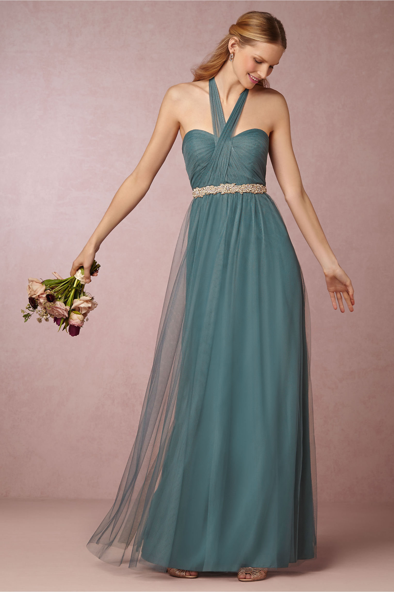 Hater Neck Emerald Green Tulle  Pleated Vintage Bridesmaid Dress with Crystal Band _3