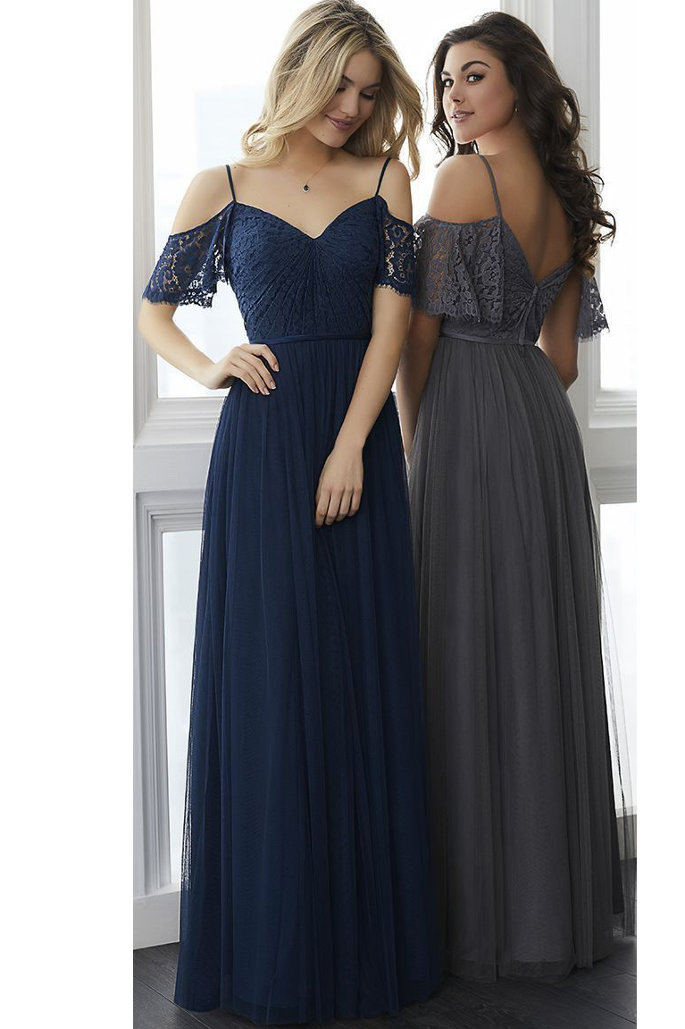 Navy Blue Off Shoulder A-line Lace Vintage Bridesmaid Dress