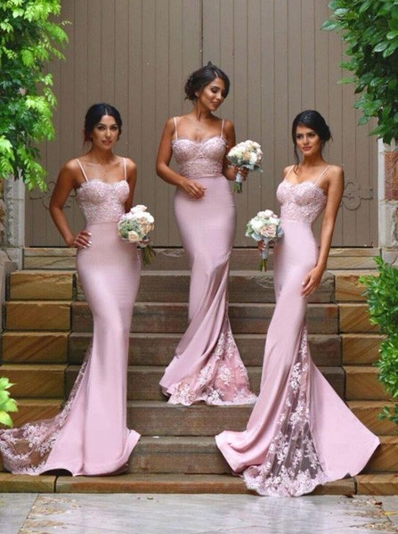 Popular Spaghetti Straps Long Jersey Bridesmaid Dress with Lace