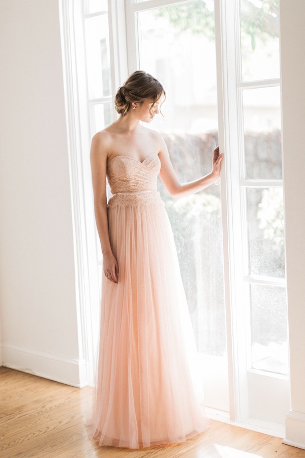 Strapless Sweetheart Pleated Lace Top Blush Tulle Bridesmaid Dress with Ribbon
