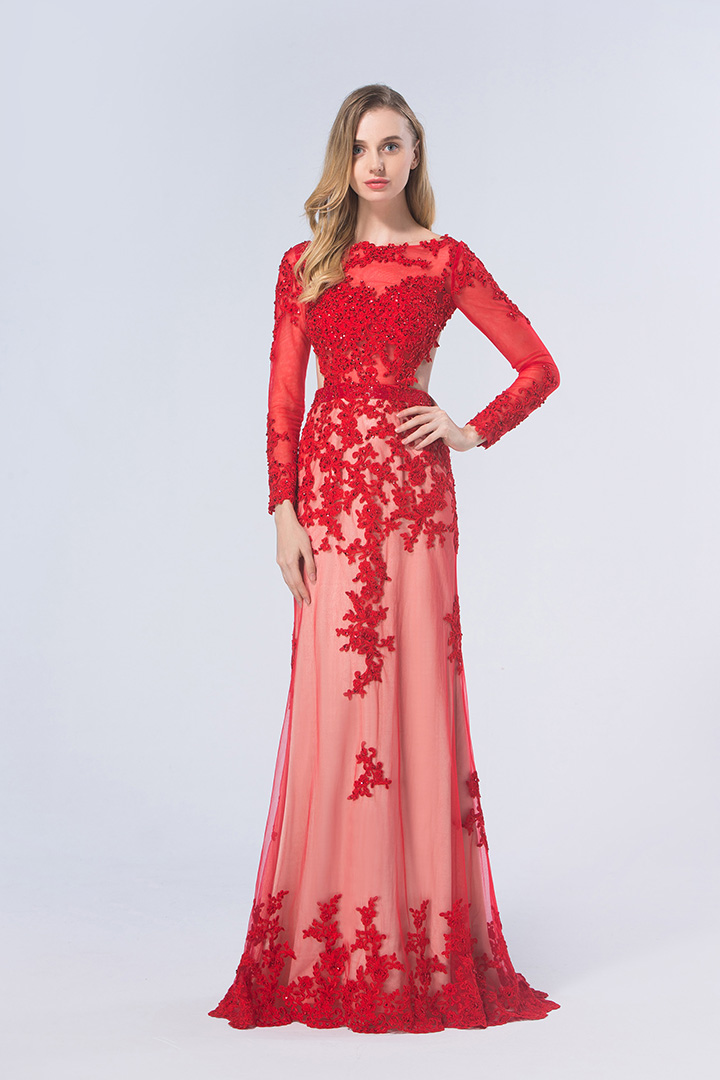 Red A-line Bateau Long Sleeve Beading Lace Long Prom Dress