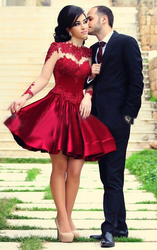 A-line Jewel Neck Stretch Satin Short/Mini Long Sleeved Ruby Red Prom Dresses