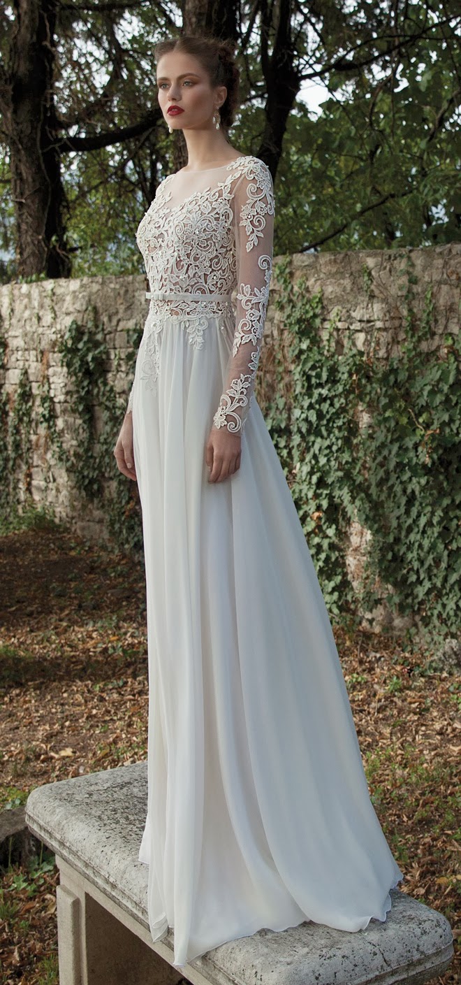 Long Sleeves See-through Lace Bodice Column Backless Chiffon Wedding Dress