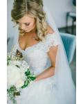 Short Sleeved V Neck Lace Bodice A-line Tulle Wedding Dress with Bow Ribbon