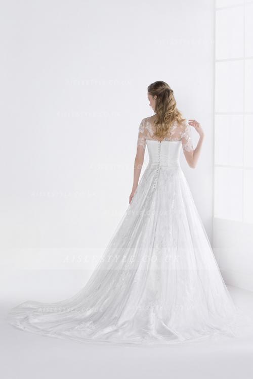 Lace Appliques Jewel Neck Half Sleeved A-line Long Tulle Wedding Dress 