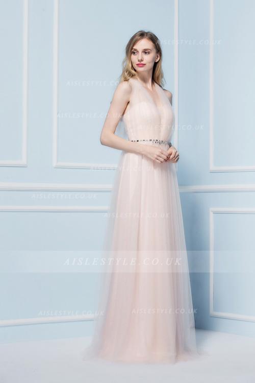 Blush A-line V-neck Sleeveless Crystal Detailing Floor-length Long Bridesmaid Dress
