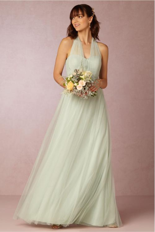 Hot Sale Halter V Neck A-line Long Sage Tulle Bridesmaid Dress 