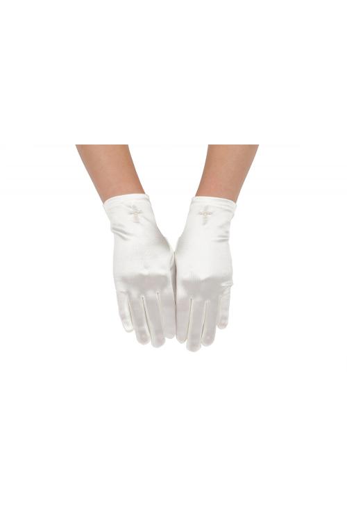 Long White Satin Pearl Communion Wedding Gloves 