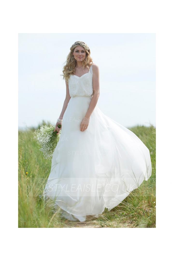 Simple A-line Shoudler Strap Long Chiffon Wedding Dress 