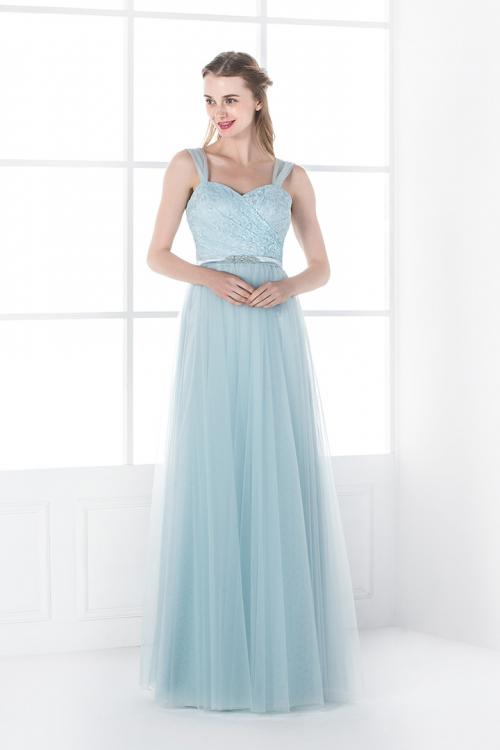 Shoulder Strap Lace Bodice Long Tulle Bridesmaid Dress 