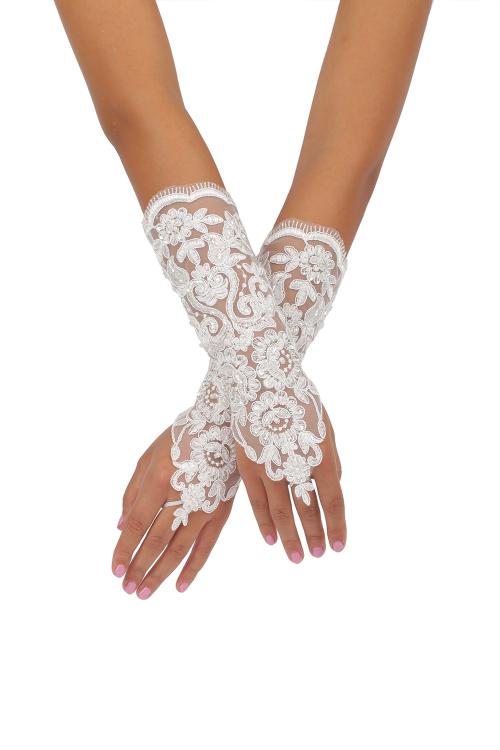 Long Ivory Fingerless Daimond Embroider Tulle Wedding Gloves 8BL