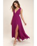 Deep V Neck Sleeveless A-line Long Fuchsia Chiffon Bridesmaid Dress