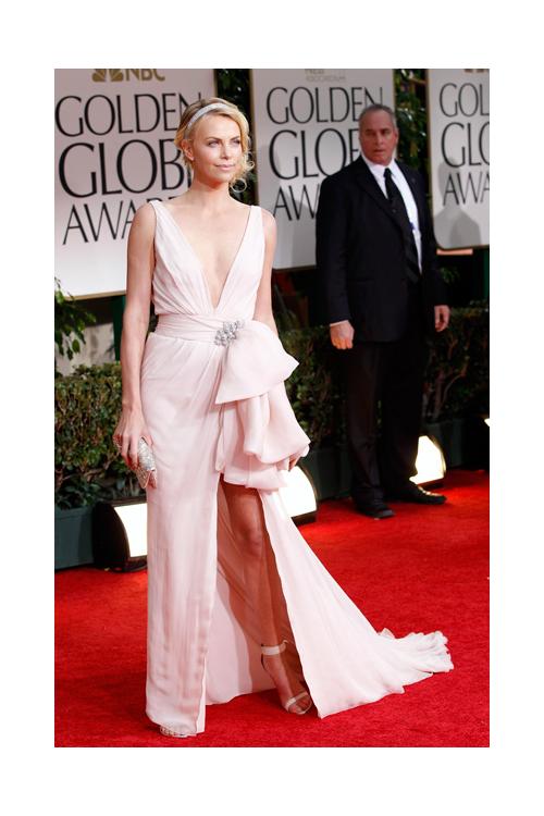  Fit Flared Deep V-neck Sleeveless Bow(s) Split Long Charlize Theron Golden Globes Red Carpet Dress 