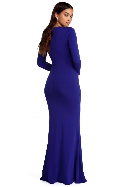 Long Sleeves Deep V Neck Fit Flared Long Royal Blue Jersey Prom Dress