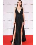  A-line Deep V-neck Sleeveless Ruching Split Floor-length Long Black Chiffon Evening Dresses