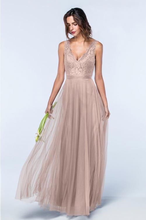  A-line V-neck Sleeveless Lace Top Floor-length Long Tulle Bridesmaid Dressess