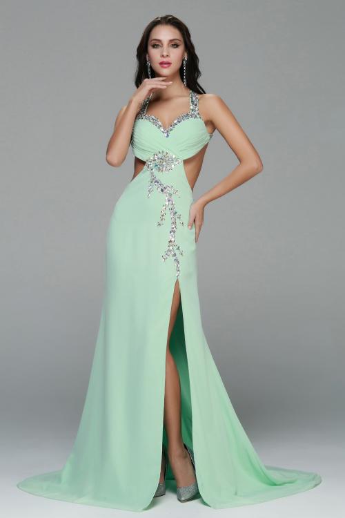 Sexy Halter Neck Beading Long A-line Chiffon Slit Front Prom Dress 