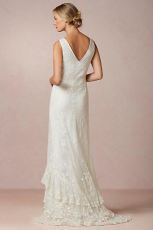  Trumpet/Mermaid V-neck Sleeveless Lace Ruffles Sweep/Brush Train Long Wedding Dresses