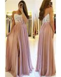 Simple Spaghetti Straps Buttons Lace Split Floor-length Long Chiffon Prom Dresses