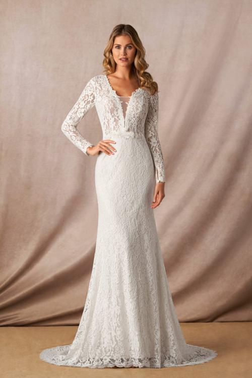  Elegant Mermaid Illusion Neck Long Sleeves Buttons Lace Sweep Train Long Wedding Dresses