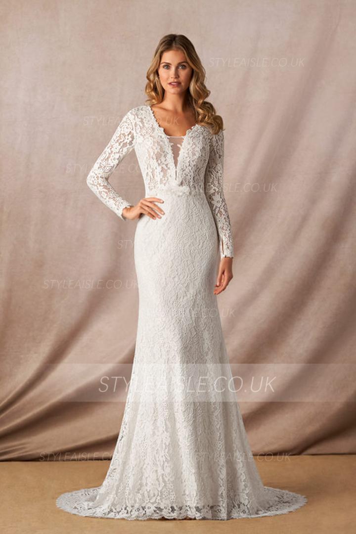  Elegant Mermaid Illusion Neck Long Sleeves Buttons Lace Sweep Train Long Wedding Dresses