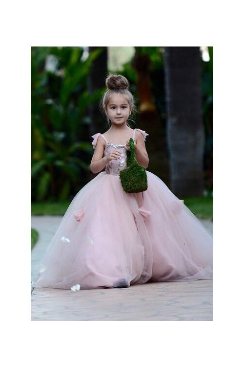 Romantic Sequin Bodice Hand Made Flowers Ball Gown Pink Tulle Flower Girl Dress 