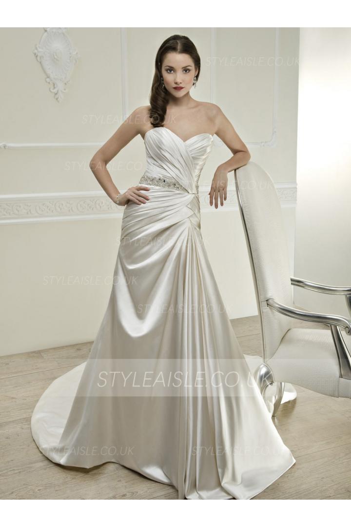 Simple A-line Sweetheart Beading&Sequins Chapel Train Satin Wedding Dresses