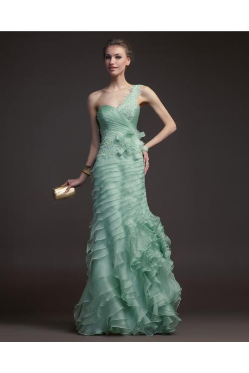 Charming Sheath/Column One Shoulder Cascading Ruffles Lace Sequins Floor-length Satin Organza Prom Dresses 