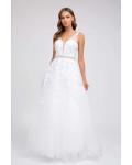  A-line V-neck Sleeveless Lace Appliques Beading Tulle Floor-length Tulle Prom Dress