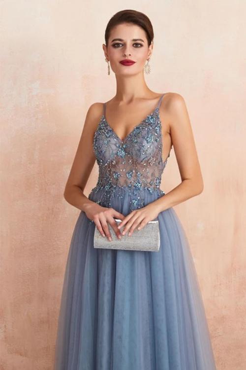  A-line V-neck Sleeveless Beading Split Floor-length Long Tulle Prom Dress