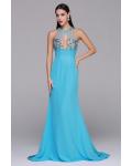 One Sleeveless Halter Neck Long Sheath Blue Chiffon Prom Dress 