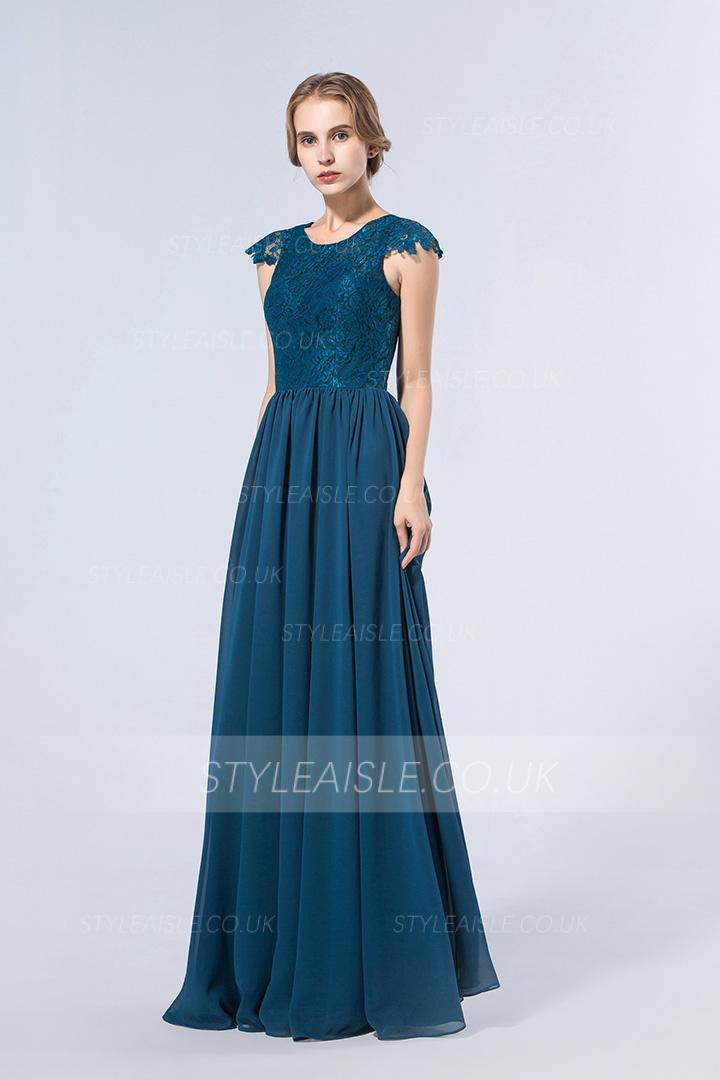 Exquisite Lace Bodice Cap Sleeved Long Chiffon Bridesmaid Dress 