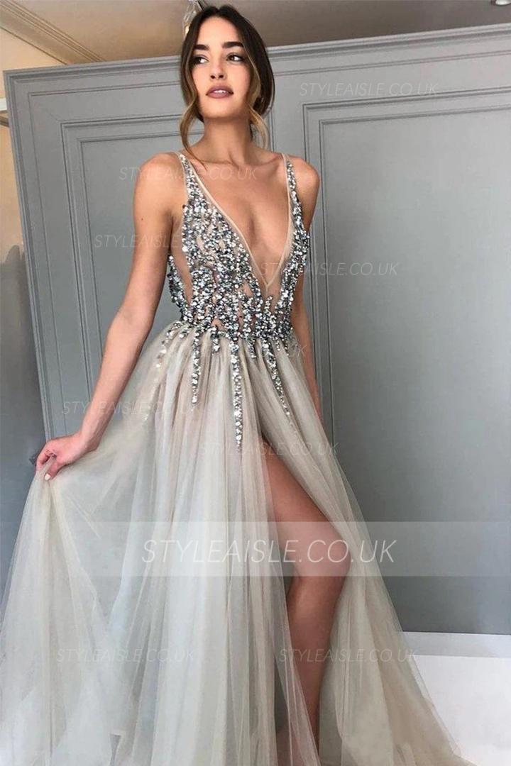  A-line Deep V-neck Sleeveless Beading Split Floor-length 2020 Long Tulle Prom Dress